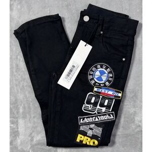 First Row Racing Patch Jeans Kids Size S Black Adjustable Waistband NWT